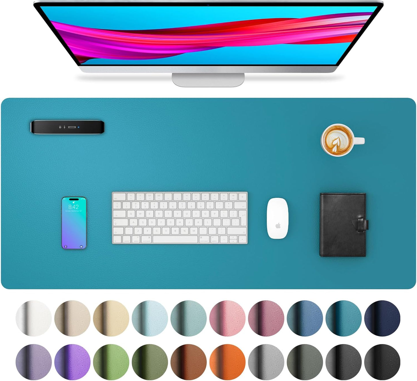 Aothia Leather Desk Pad Protector, Mouse Pad, Office Desk Mat, Non-Slip PU Leather Desk Blotter, Laptop Desk Pad, Waterproof Desk Writing Pad for Office and Home (Turquoise,31.5" x 15.7")