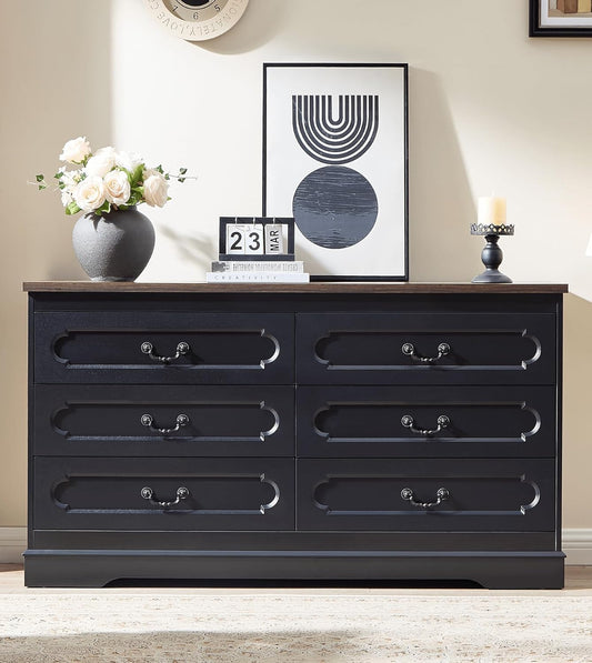 LIDYUK 6 Drawer Dresser for Bedroom Farmhouse Black Tall Wood Chest of Drawers for Bedroom Dresser, Modern Rustic 55" Wide Drawers Dressers Wooden Closet and Storage Cabinet, Hallway, Living Room