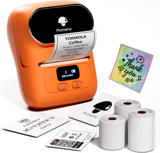Phomemo M110 Label Maker- Mini Portable Bluetooth Thermal Label Printer for Clear Label, Barcode, Clothing, Office, Business, Compatible with Android & iOS, Orange