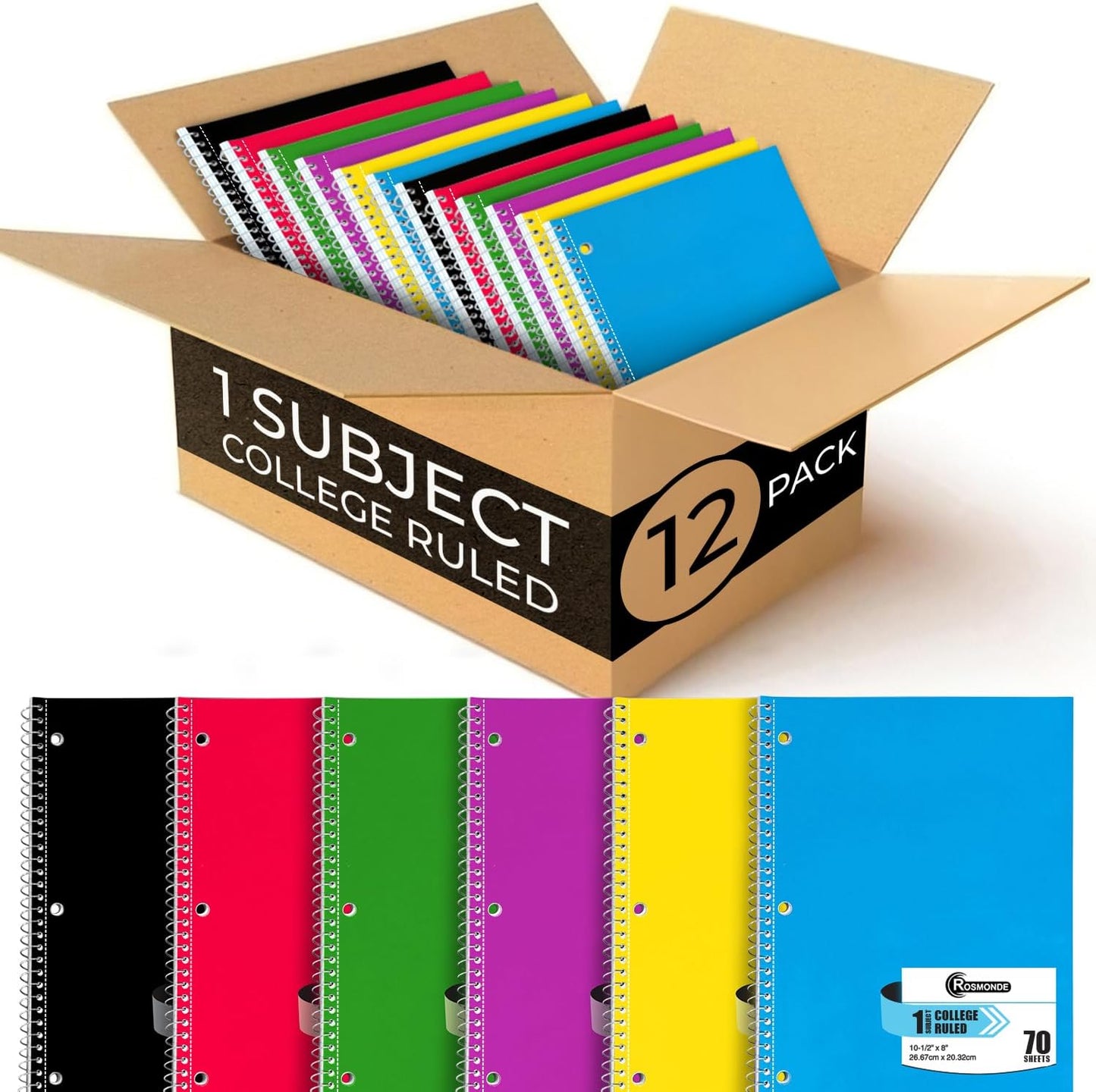 Spiral Notebook, 12 Pack, 1 Subject, College Ruled, 70 Sheets, 8 x 10-1/2", 3 Hole Punched, Bulk College Ruled Spiral Notebook for School, Single Subject Spiral Notebook Bulk, Assorted Colors