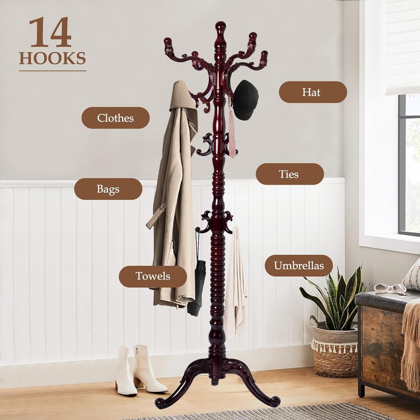 Wood Coat Rack Freestanding, Natural Coats Tree Stand with 14 Hooks, 73" Sturdy and Easy Assembly Coat Rack Stand for Entryway, Hallway, Bedroom, Bags, Hats (Tri-legged Base, Rosewood)