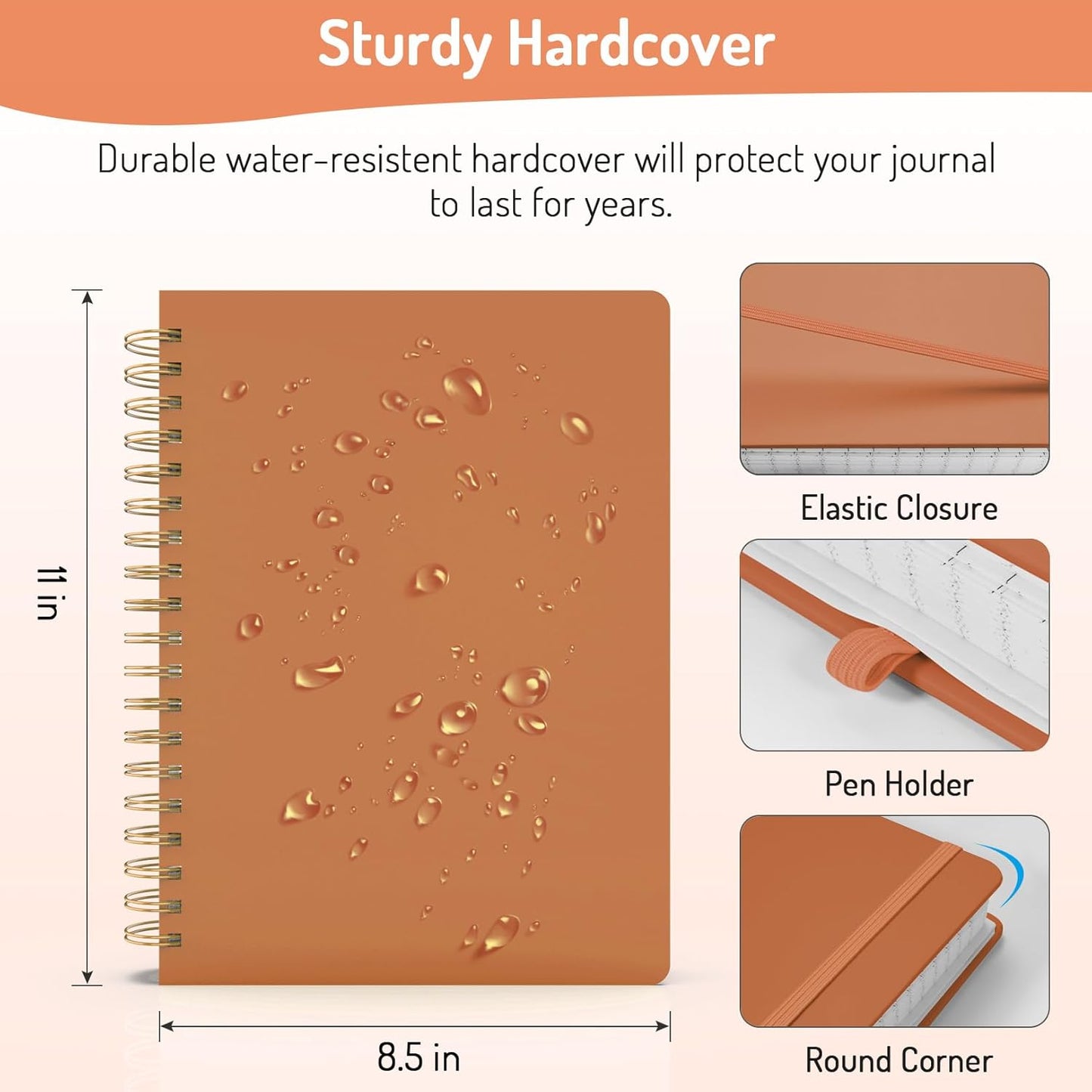 Forvencer A4 Lined Spiral Journal Notebook with 300 Numbered Pages, 11" X 8.5" Thick Journals for Writing with 100GSM Paper, Hardcover Notebooks with Contents for Work, School, Orange