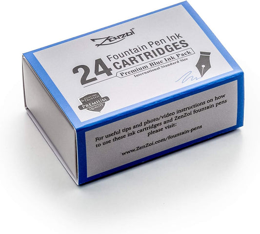 ZenZoi Fountain Pen Ink Cartridge Refills- 24 Bulk Premium Blue Case- Professional Grade, International Size, Non-Toxic Ink- Smooth, Blotch-Free Writing for Luxury Pens – German Nibs (Blue)
