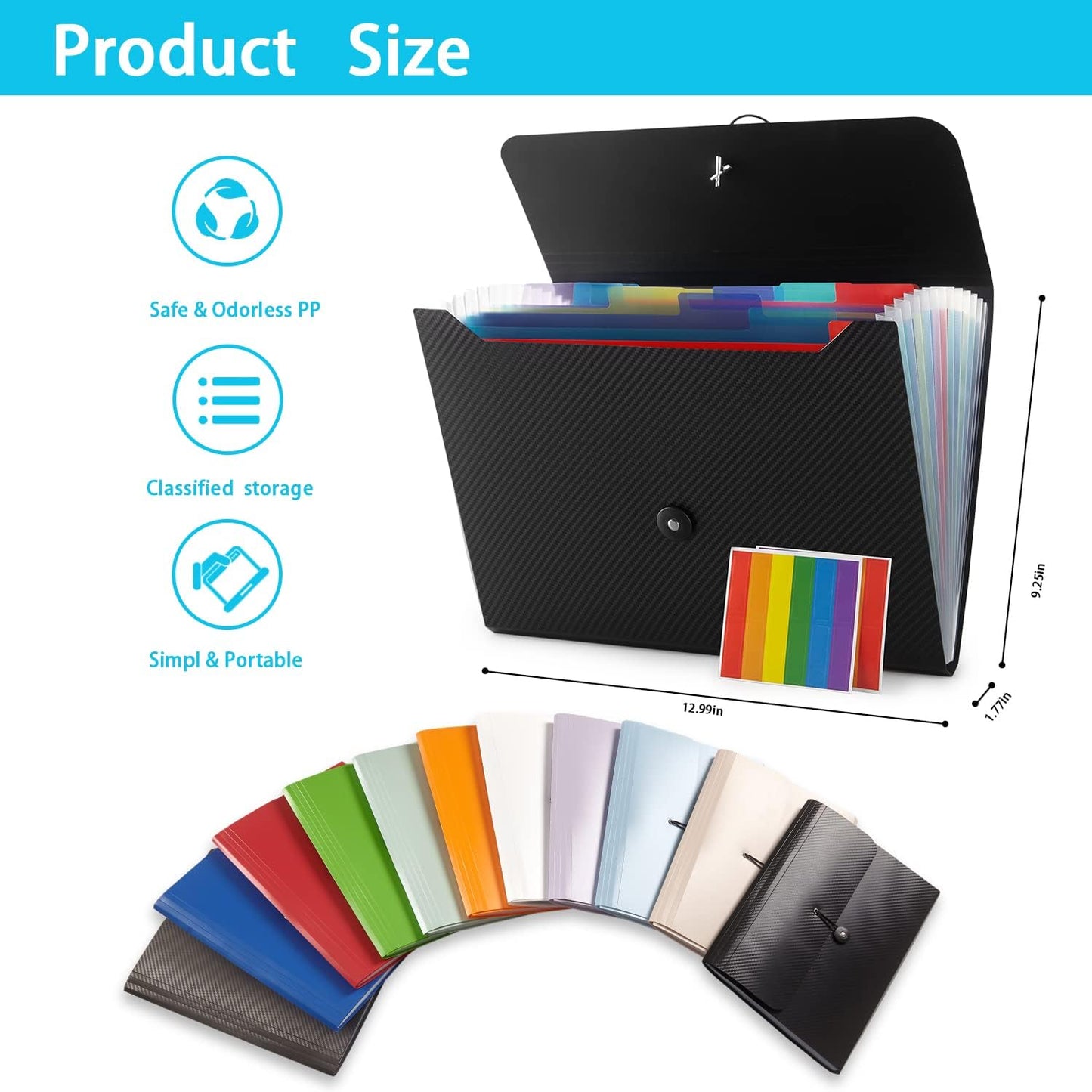 Expanding File Folder with 13 Pockets, Red, Polypropylene, 12.99" x 9.45" x 1.1"