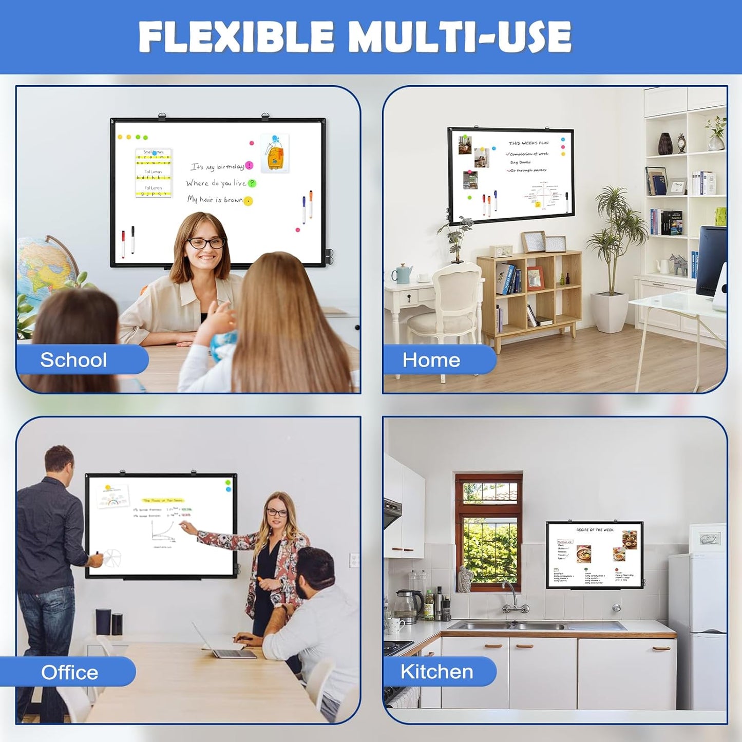 Double-Sided White Board Black Aluminium Frame, 36" x 24" Dry Erase Board Magnetic Whiteboard for Wall, Hanging Mounted Whiteboard Home, School, Office, Kitchen