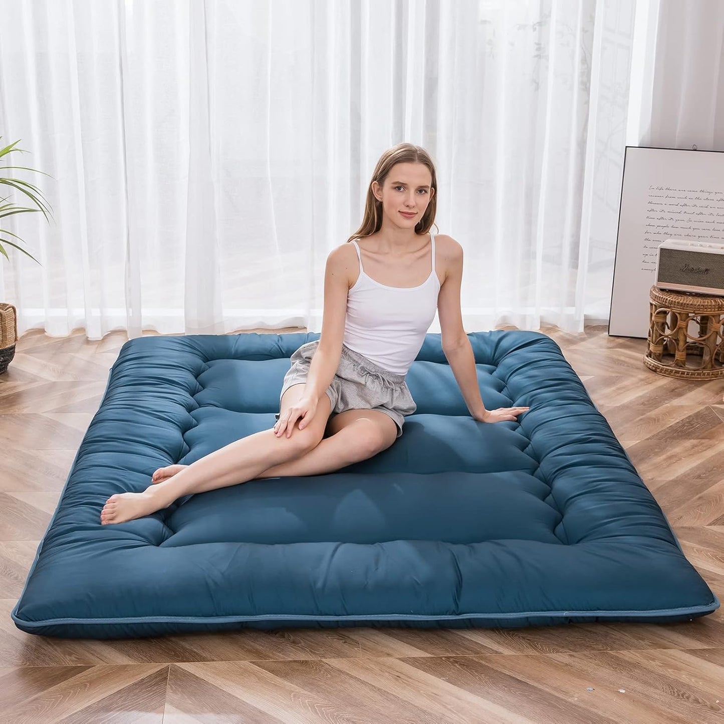 MAXYOYO Japanese Floor Mattress Futon Mattress, Thicken Sleeping Pad Foldable Roll Up Floor Futon for Adults Tatami Mat Dormitory Bed Lounger, Bluestone, Full Size