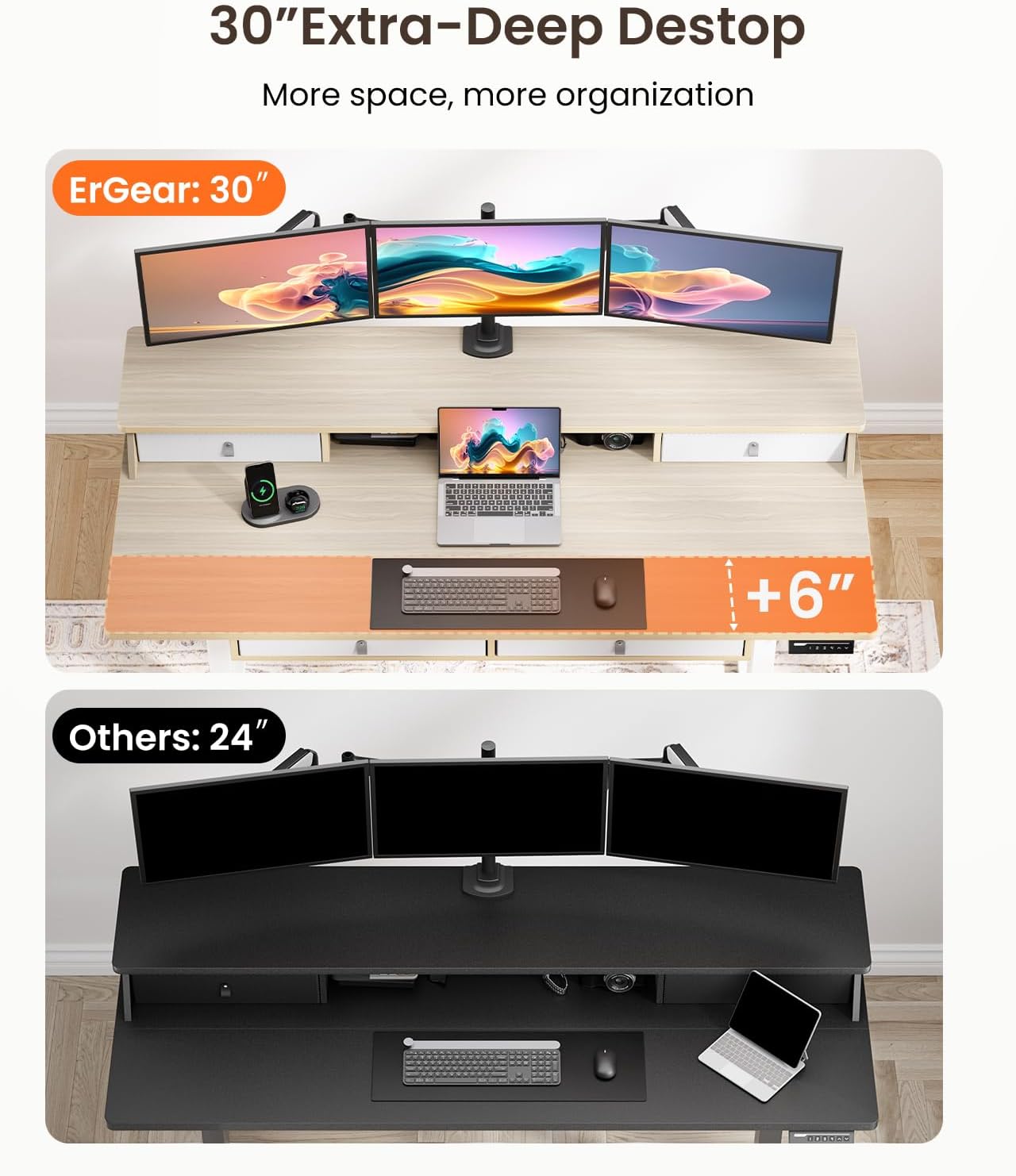 ErGear Electric Standing Desk with 4 Drawers, 48" x 30" Height Adjustable Desk with Storage, C-Clamp Mount Compatible, Computer Home Office Table with Cable Management Tray, Natural