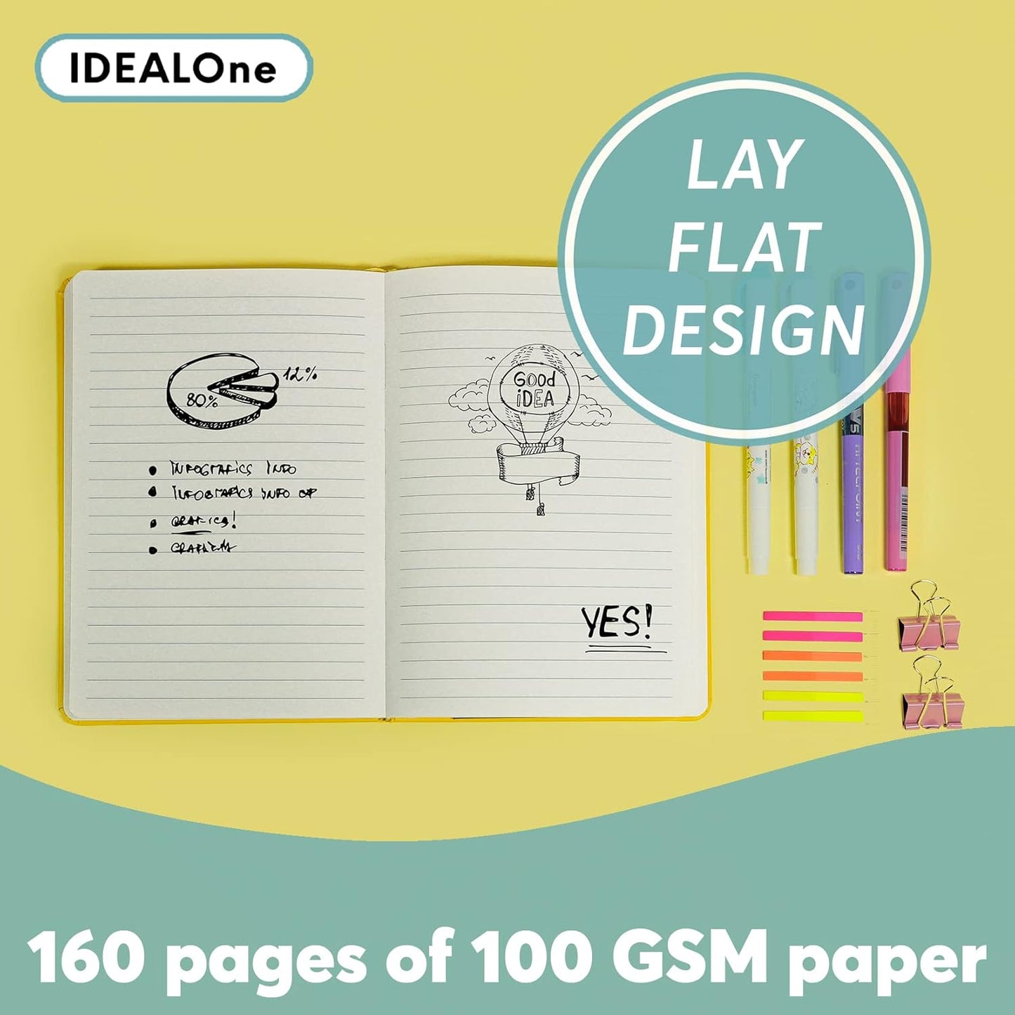 IDEALOne Hardcover Leather Journal Notebook Lined – A5 (5.7 x 8 inch),Wide college ruled,160 pages, 100GSM Thick Paper, Journal for Women, Men, Notebooks for Work, Journal for Writing - Mustard Yellow