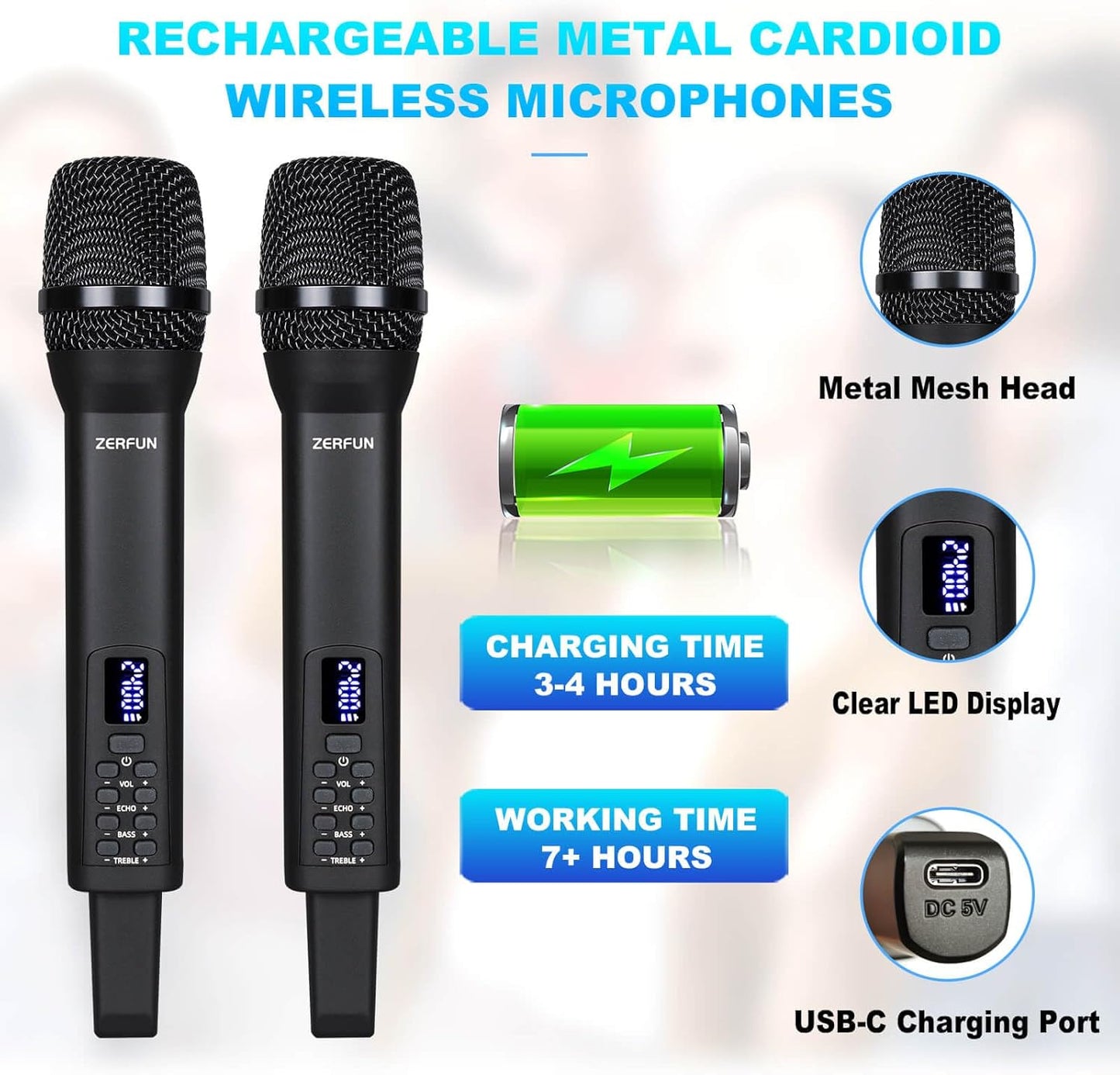 Dual Rechargeable Wireless Microphones, Pro Handheld Cordless Mics System with Echo Treble BASS VOL Control for Karaoke Singing Church Party, 1/4'' Output, Black