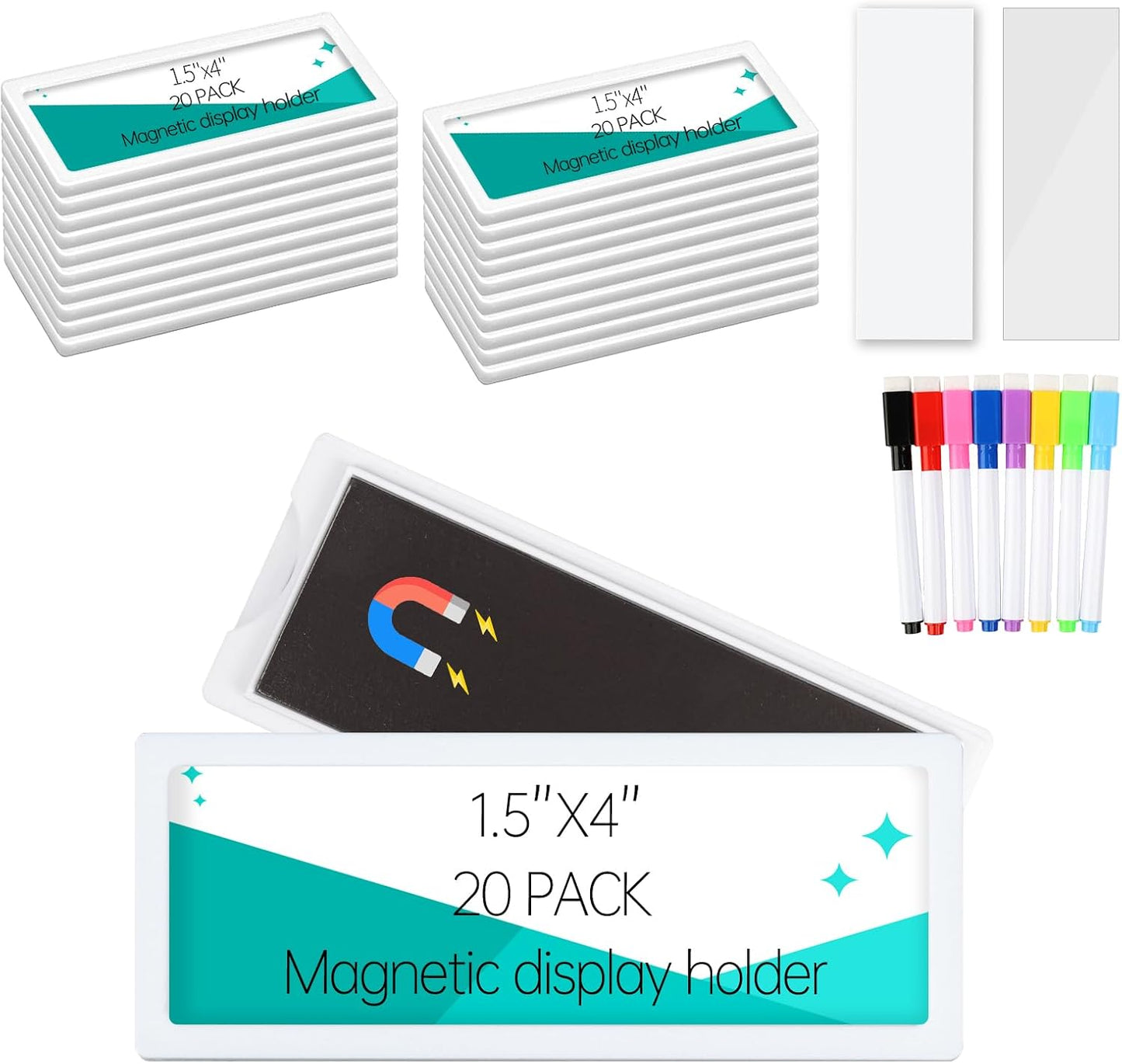 20Pcs Magnetic Plastic Label Holder White 1.5x4 inch for Supermarket Store Price Tag Metal Shelf File Storage Cabinet Drawer Label Tag Resuable with 8 Color Chalk Makers, 20Pcs White Paper