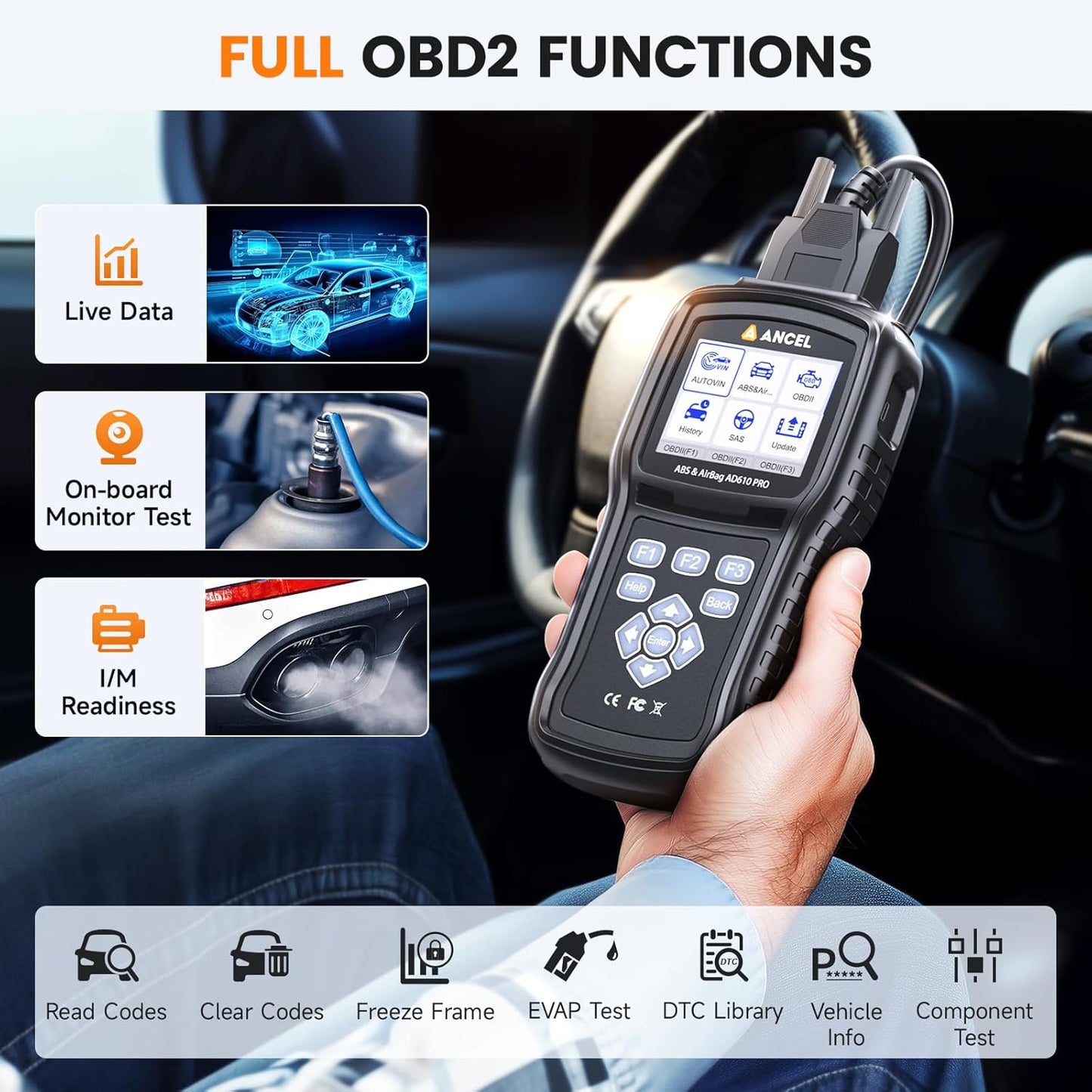 ANCEL AD610 Pro OBD2 Scanner - ABS SRS Code Reader, Check Engine Light Diagnostic Tool with ABS Bleeding, AutoVIN, Real-Time Data, Full OBD2 Functions, SAS/Oil/EPB Reset