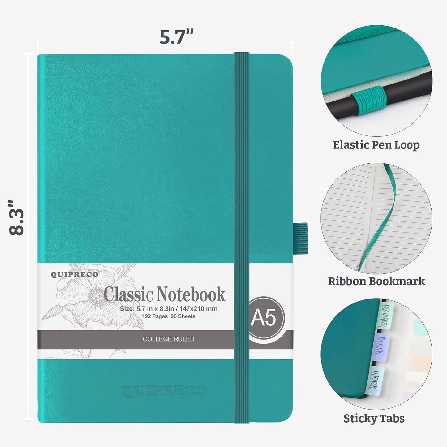 Hardcover Lined Bullet Dotted Journal Notebook, A5 140 192 Pages 100 120Gsm Paper College ruled for School,Work,Travel,and Daily Planning，5.7''*8.3'' (2, Turquoise, A5 Lined)