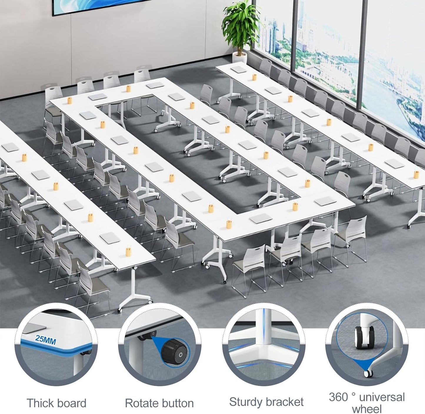 Folding Conference Room Table, Modern Mobile Training Table with Wheels, White Foldable Seminar Meeting Tables for Office Corporations (2pack 55.1in)