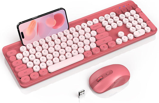 Wireless Keyboard and Mouse Combo, Retro Round Keycap Typewriter Keyboard with Phone/Tablet Holder, Cute Colorful Keyboard for Computer/Laptop/Windows by SABLUTE (Pink)