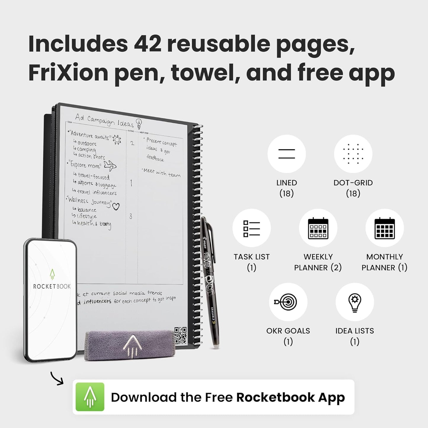 Rocketbook Fusion Reusable Undated Productivity Planner, Letter Size 8.5x11, Red - Goals, Monthly and Weekly Calendar, Daily To-do List, Lined and Dotted Notes Pages