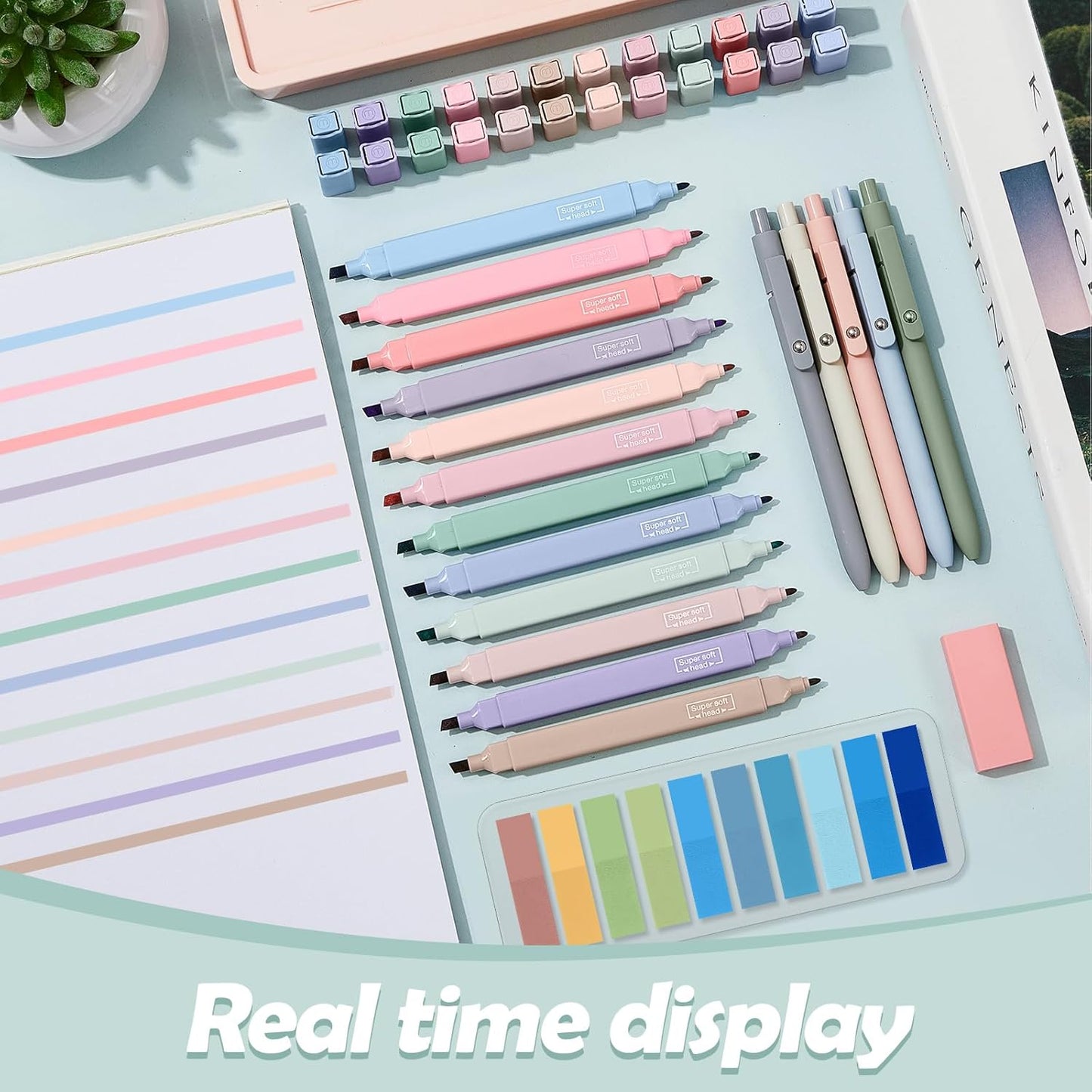 Jutom 38 Pcs Book Annotation Kit Aesthetic Highlighters Gel Pens Set Sticky Notes Tabs Markers Dual Ended Highlighter Quick Dry Ink Pens for Office Annotating Books(Blue Series,Square)