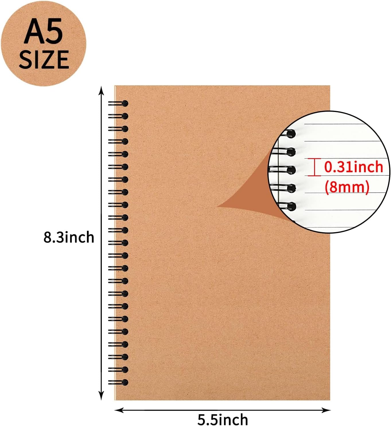 YOTNUS 100 Pcs A5 Spiral Notebooks Journal with Kraft Cover, 5x8 Inches, Ruled Lined Paper, for Work, Sketches, Study, Notes Taking, Gifts, Brown (100 PCS(Lined))