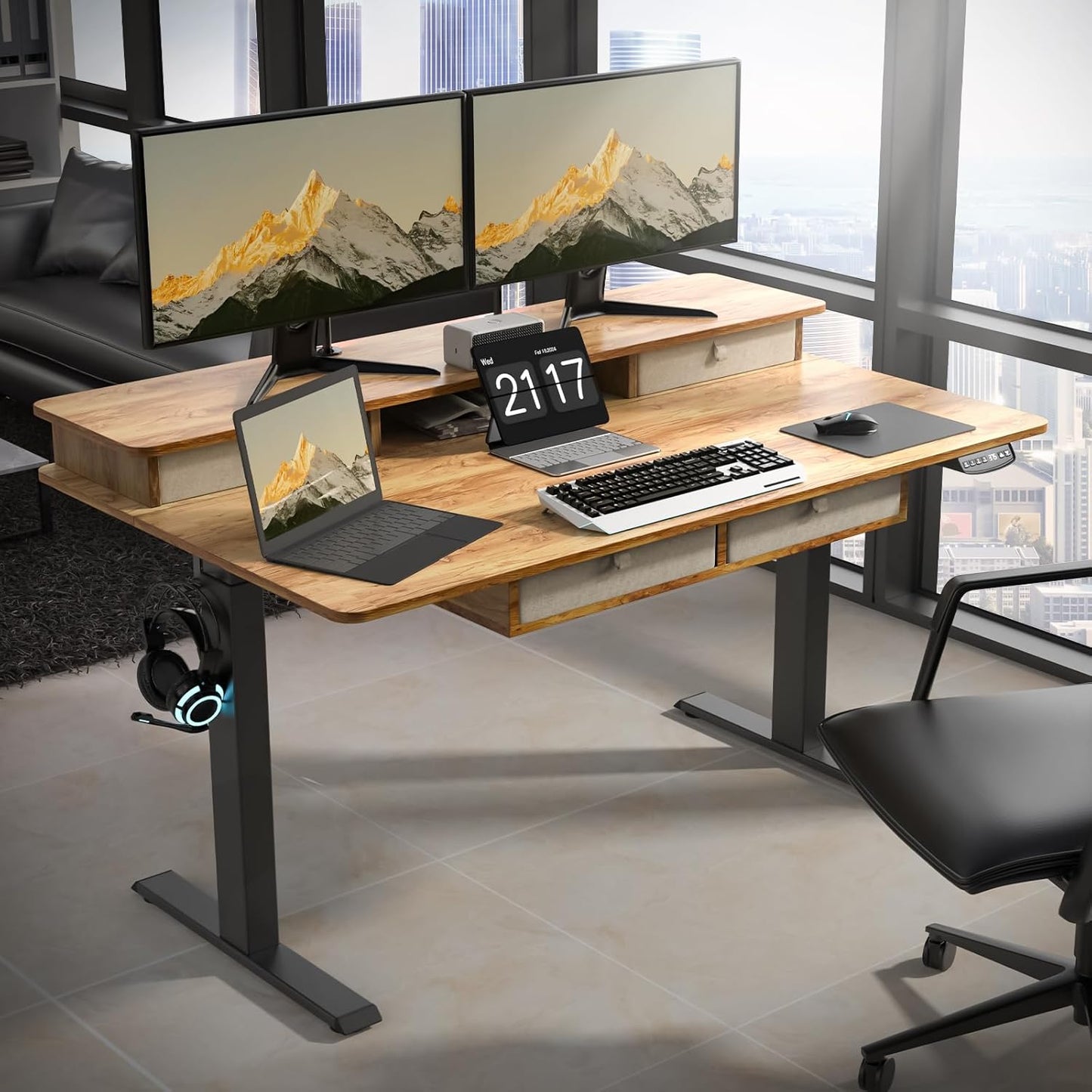 55 * 30 Inches Electric Standing Widened Desk Adjustable Height with 4 Drawers, Double Storage Shelves Stand Up Desk, Home Office Workstation Sit Stand up Desk (Light Rustic Brown)