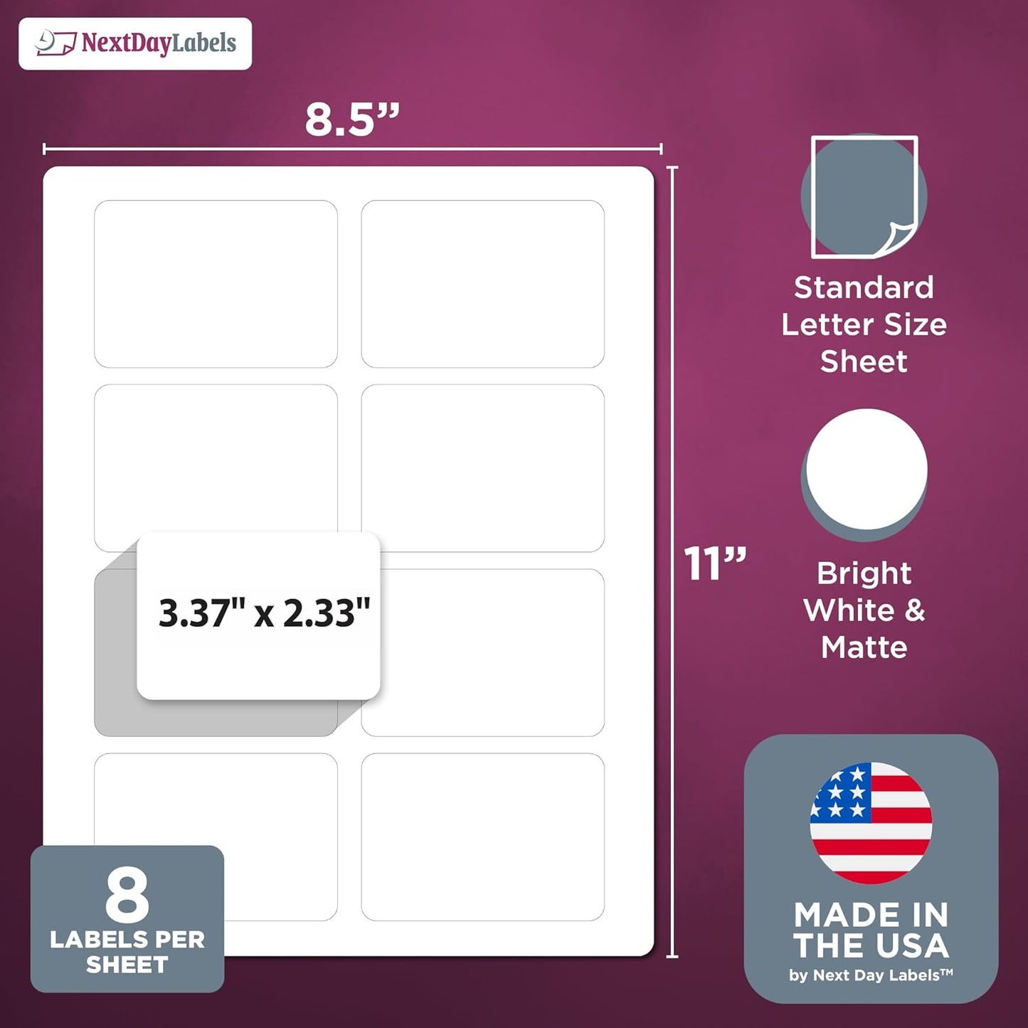 NextDayLabels – 3-3/8" x 2-1/3" Rectangular Sticker Labels for Printer - White Laser/Inkjet Printer Labels Return Address Labels Shipping Label Stickers (100 Sheets, 8 Per Sheet, 800 Labels)