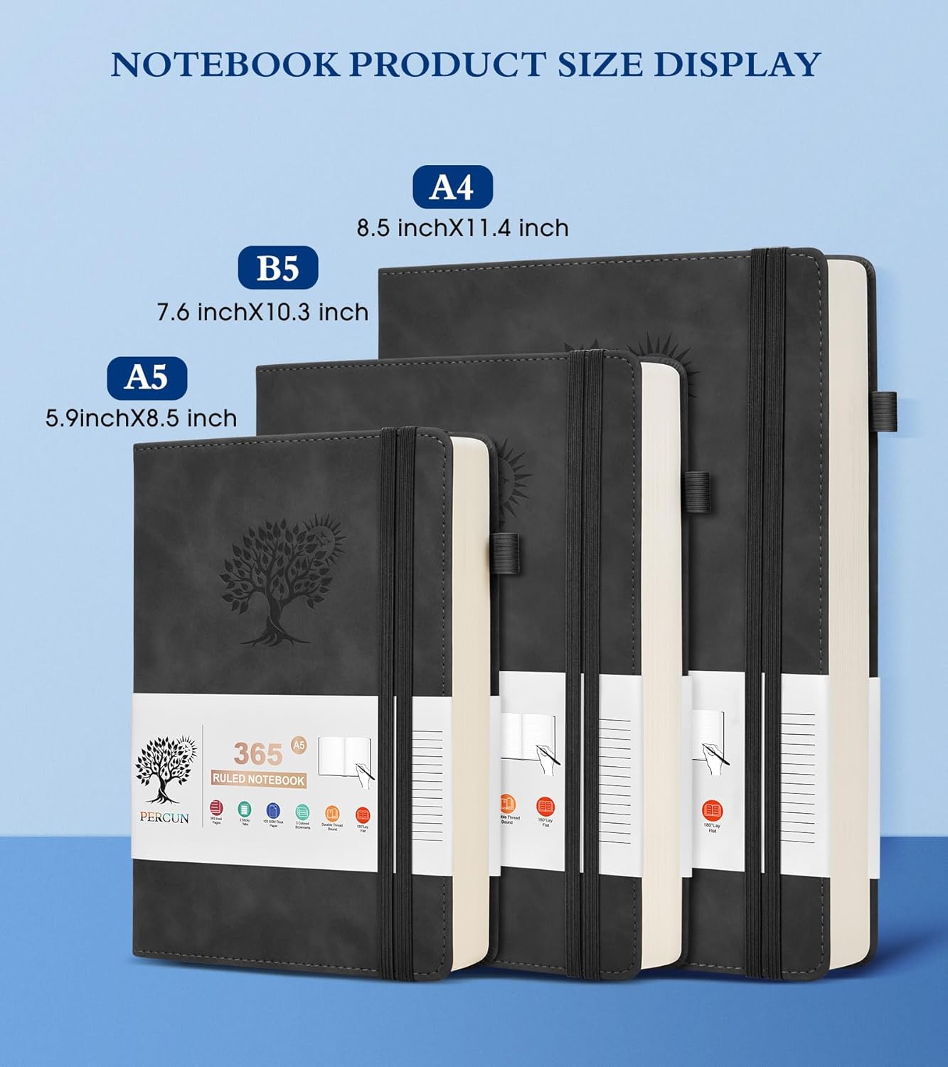 A5 Lined Journal Notebook - 365 Page Leather Journals for Writing Women & Men，Hardcover Notebook with 100Gsm Thick Pages，Daily Diary for Travel, Work，School，Note Taking，College Ruled (5.9" x 8.5")