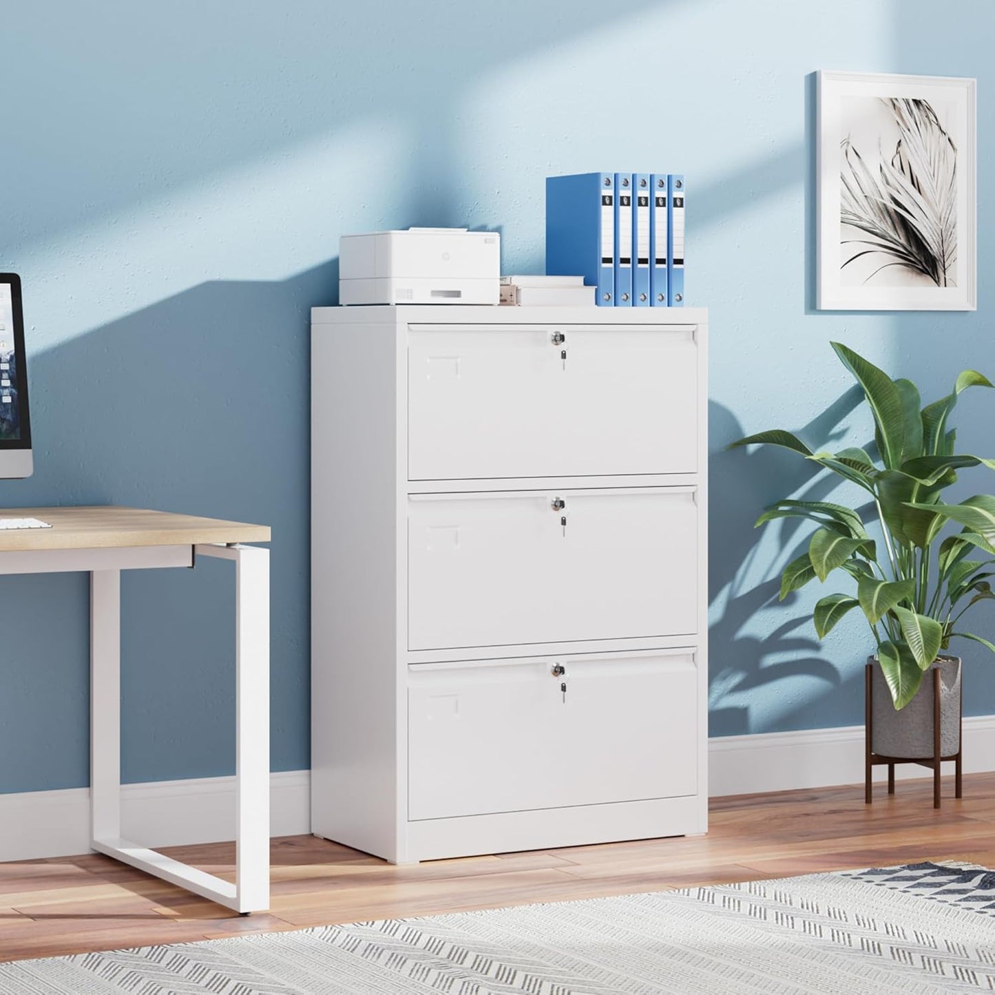 3 Drawer Lateral File Cabinet, Metal Wide Filing Cabinet with Independent Locks, Home Office Furniture for Hanging Files Letter/Legal/F4/A4 Size, Assembly Required, White