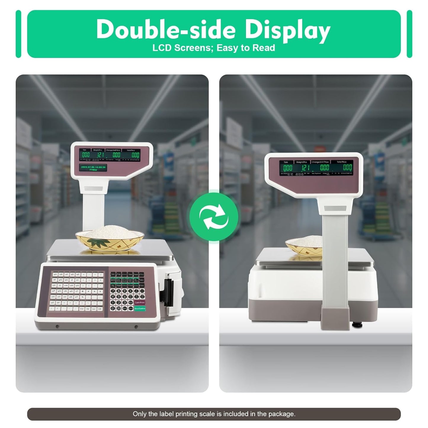 30kg/66lb Commercial Label Printing Scale - Barcode & Receipt Printer, Dual-Screen LCD, 63 Shortcut Keys, USB/App Connectivity for Supermarket, Retail, Grocery Store POS System