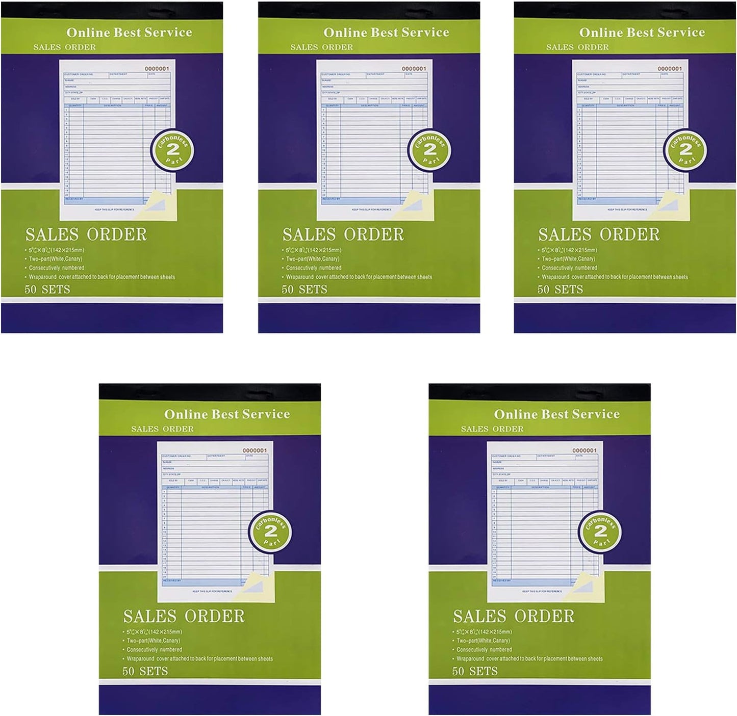 5 Pack Large Sales Order Book Receipt Invoice Duplicate Carbonless 50 Sets 5.9/16" X 8"7/16