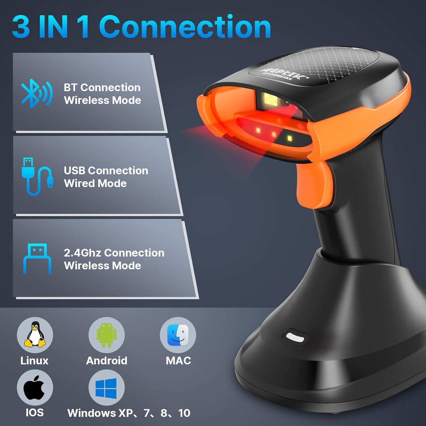 AGPTEK Bluetooth & 2.4GHz Wireless Barcode Scanner with Patented Color Light Technology for Color Barcodes, 2D/1D QR Code Reader, Customizable Settings & Wireless Charging Cradle