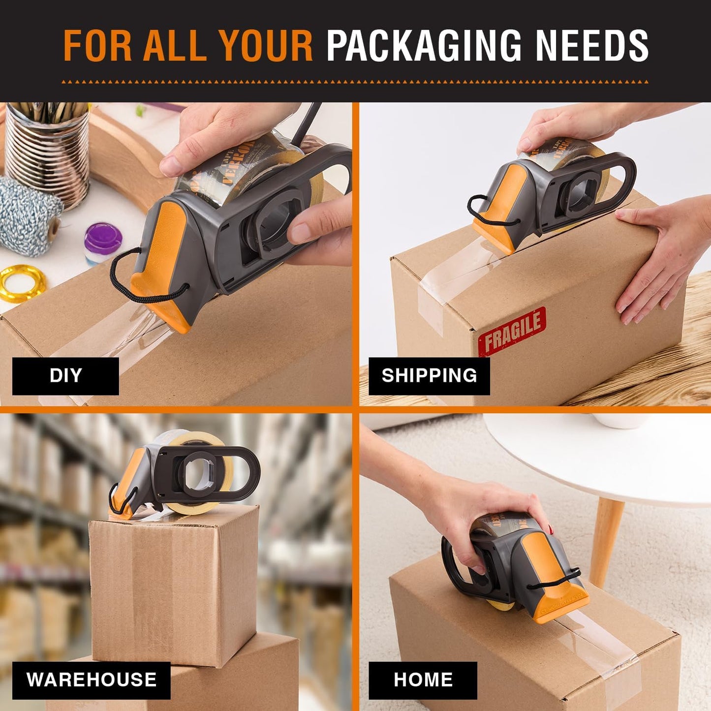 Clear Packing Tape with Dispenser (2 Rolls) - Professional Grade for Boxes - Packaging, Shipping with Refillable Dispenser, Fits Standard Bulk Up to 2" Wide