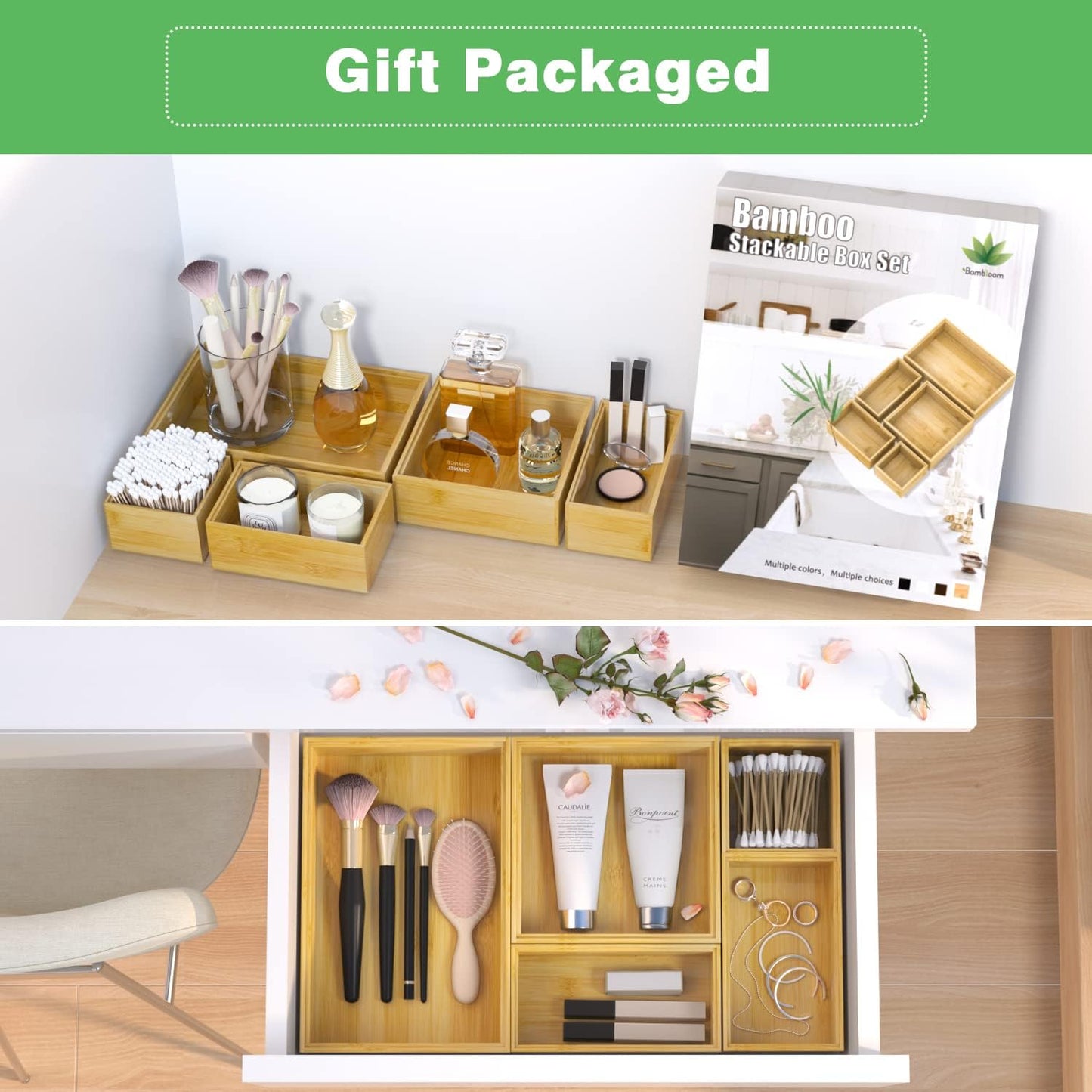 Bamboo Bathroom Drawer Organizer Dividers, Wooden Kitchen Utensil Holder Set of 5, Stackable Junk Drawer Organizer Tray, Multi-Use Storage Bins Boxs for Home, Office, Clothing, Makeup, Jewelry