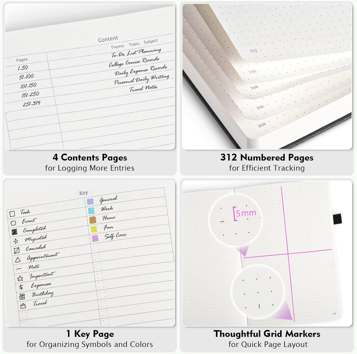 Bullet Dotted Journal Notebook, 312 Numbered Pages A5 Hardcover Leather Journal, 100gsm No Bleed Paper Dot Grid Notebook with Index Pages, Dot Journal for Women Men, 5.75" x 8.38", Grey Blue