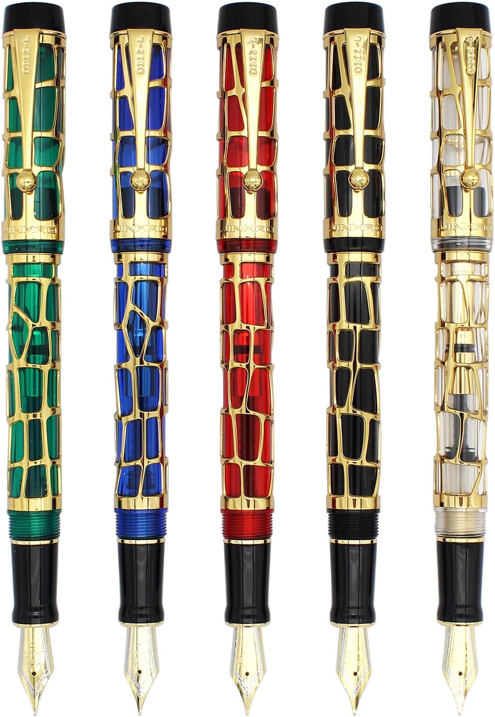 Gullor Century 100 Fountain Pen, Skeleton Hollow-out Series Golden, Screw-Cap, Fine Nib, Transparent Green