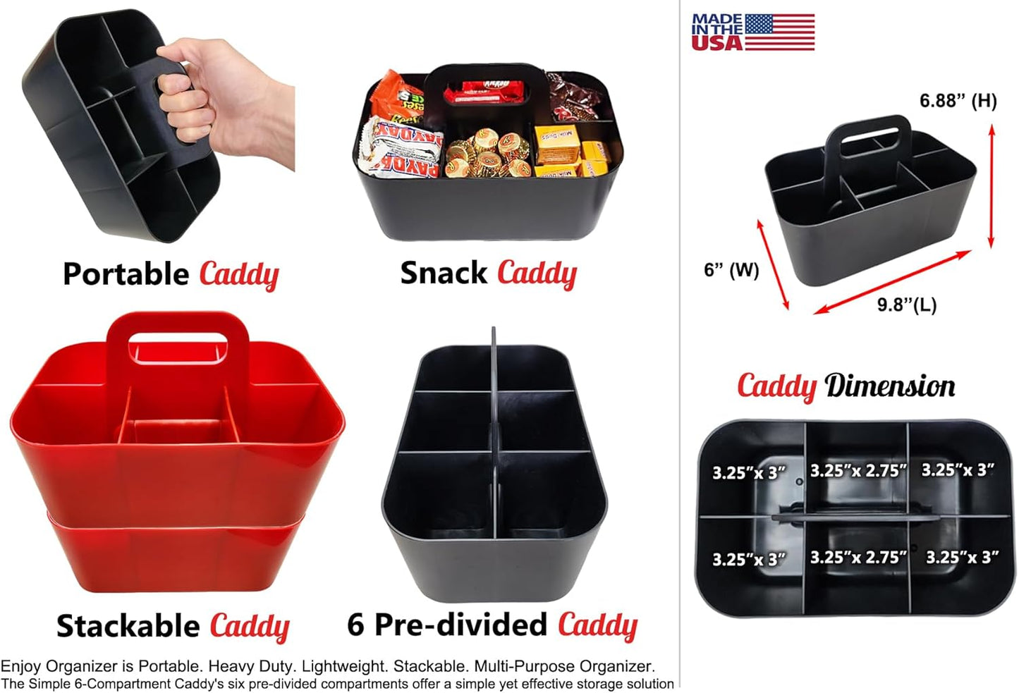 Small Stackable Plastic Caddy with Handle 6 Compartment | Desk, Makeup, Dorm Caddy, Classroom Art Organizers - 4 Pack, Made In USA (Red)