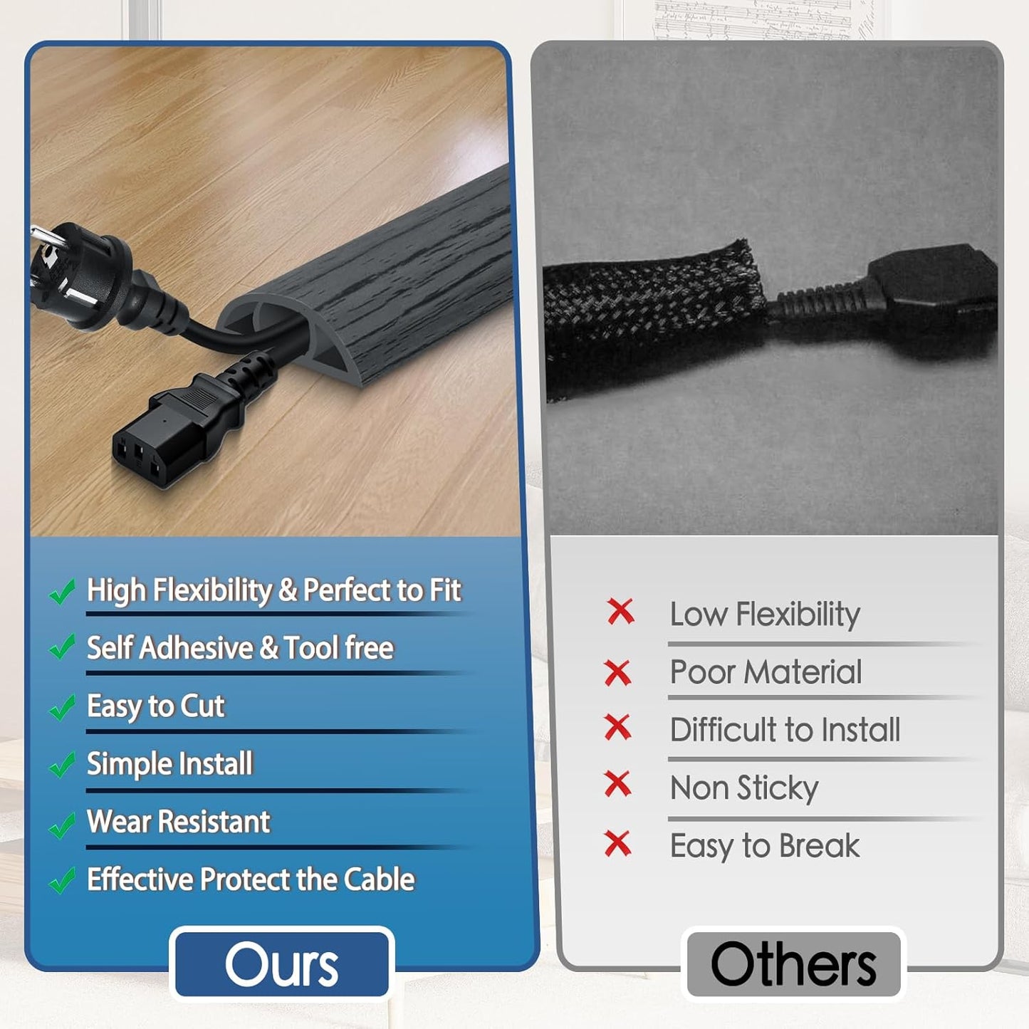 Floor Cord Cover for Wires on Floor Self Adhesive Cord Hider Floor Cable Management Wire Covers for Cords Protector Prevent Cable Trips Cord Cavity W 0.51" x H 0.31", Deep Gray Wood, 3.3Ft