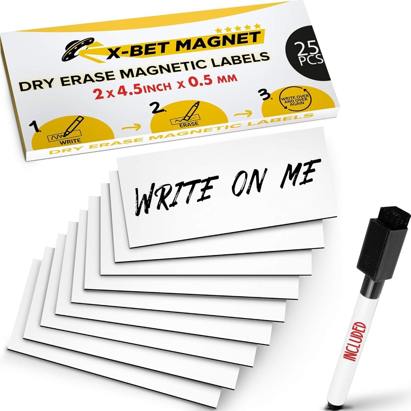 Dry Erase Magnetic Labels - Reusable Sticky Notes - Magnetic Notepads for Refrigerator (White, 25)