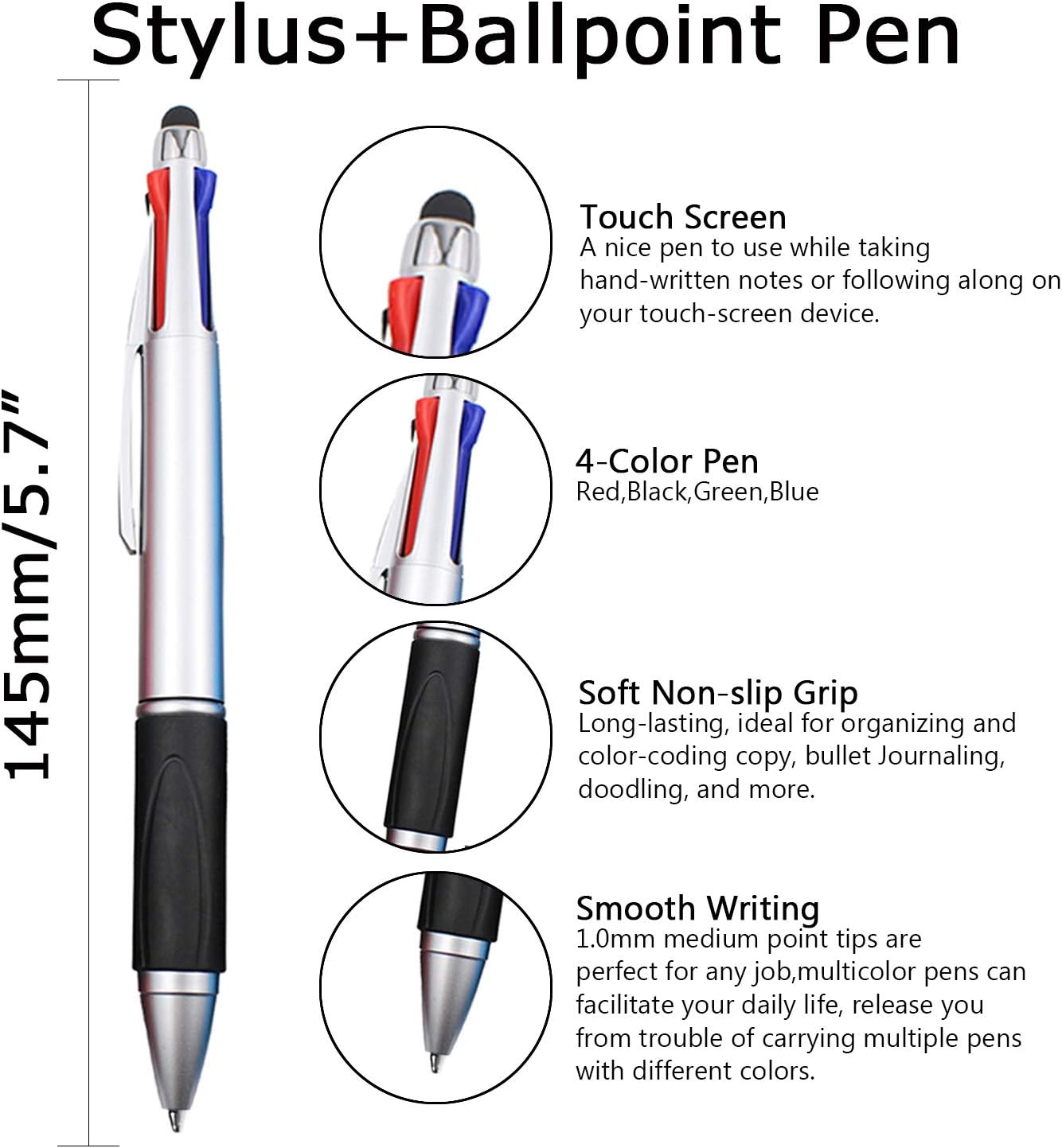 MiSiBao Stylus Pen for Touch Screen 4 Color in One Multi-colored Ballpoint Pens Medium Point (1.0mm) for iPad, 4-Pack