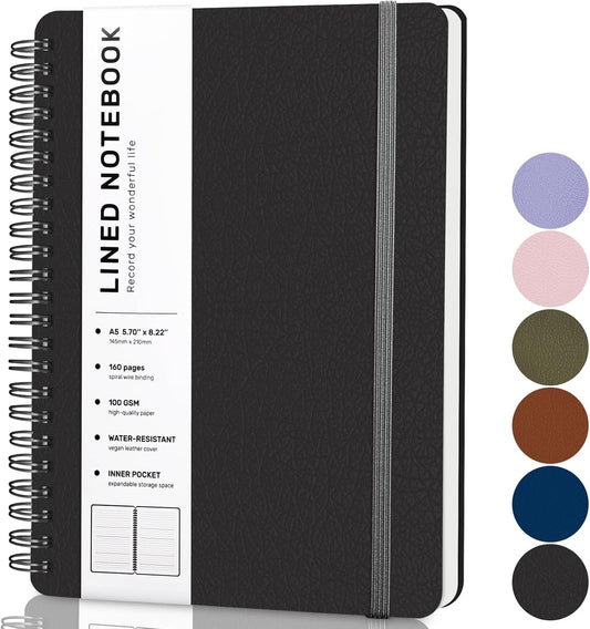 Lined Spiral Journal Notebook, B5 Hardcover Leather Notebook for Work, 7.8''×10'', 100GSM Thick Paper Spiral Bound Journaling Notebooks for Women & Men Office School Note Taking Business, Black