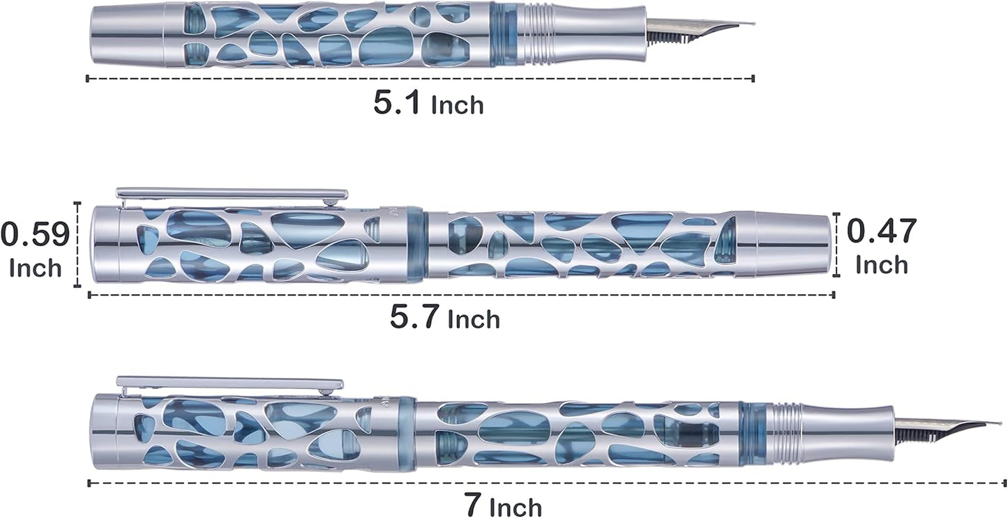 Asvine V169 Vacuum Filling Fountain Pen Extra Fine Nib, Water Drop Skeleton Overlay Gold Trim Transparent Clear Acrylic Pen Case Set