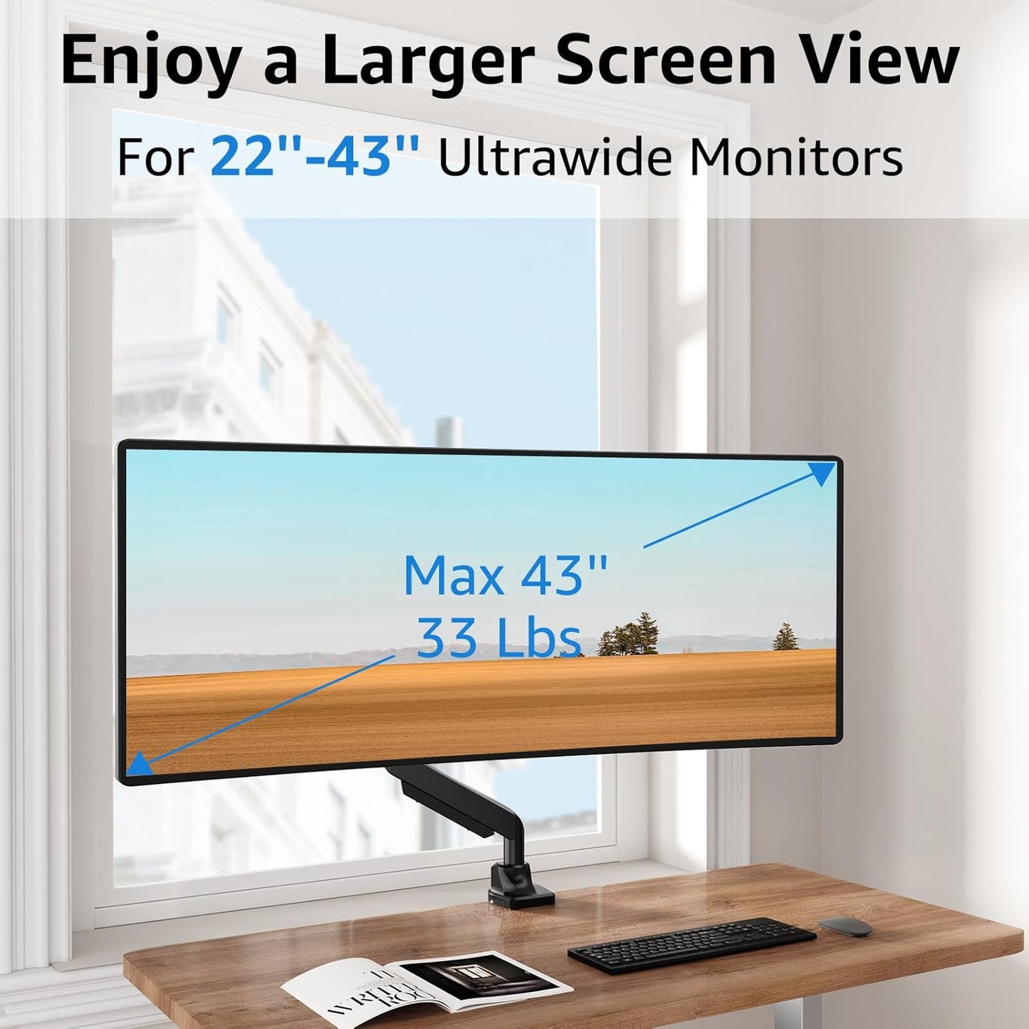 MOUNTUP Single Monitor Mount fits 43 42 40 39 37 34 32 27 inch Ultrawide Screen, Holds 6.6-33lbs, Computer Monitor Arm Desk Mount, Heavy Duty Gas Spring Monitor Stand with C-clamp/Grommet Base