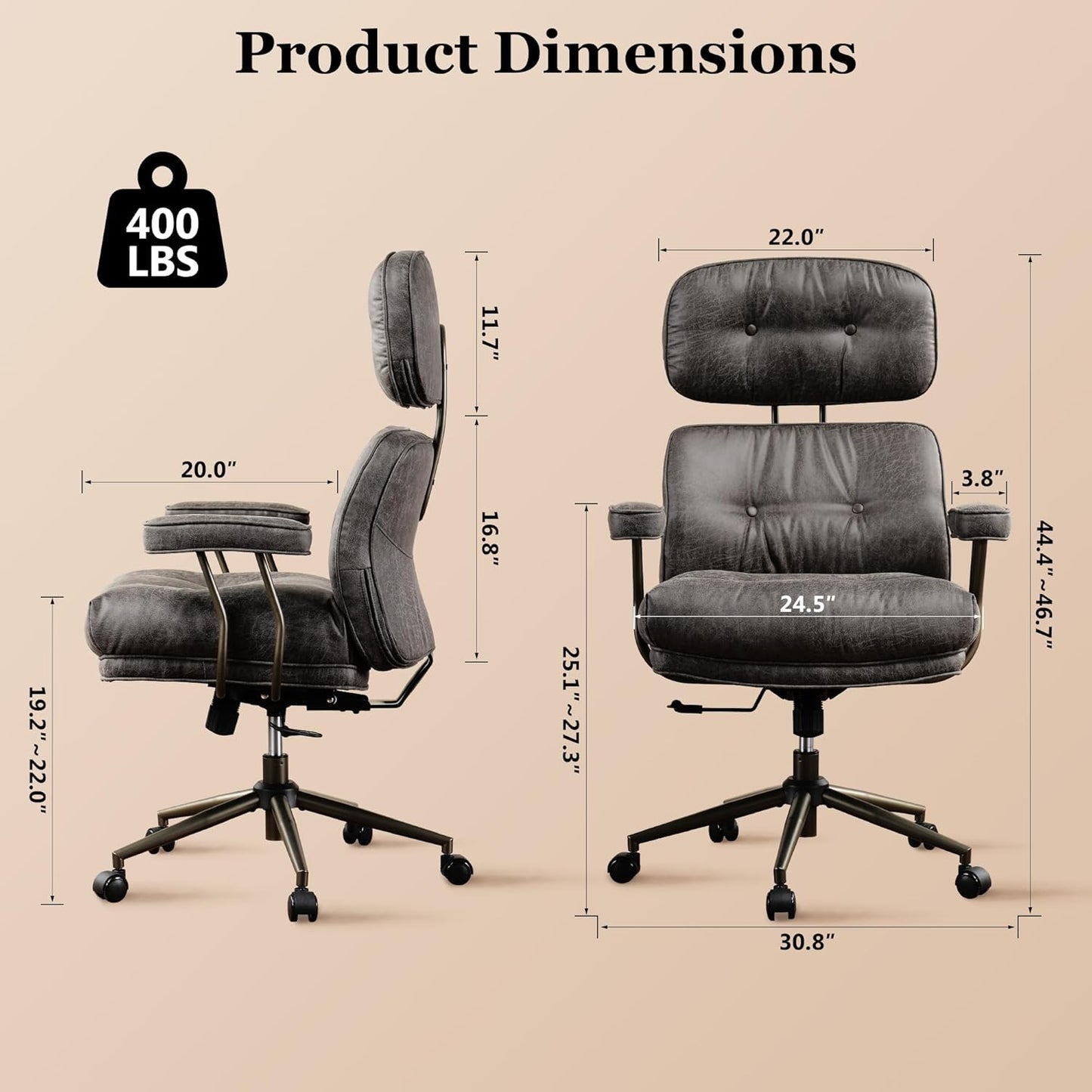 Mid Century Modren Big and Tall Office Chair,Large Ergonomic Executive Chair for Heavy Duty People, Computer Desk Task Chair with Wheels, Faux Lether Fabric Wide Chair for Home Sturdy,Grey