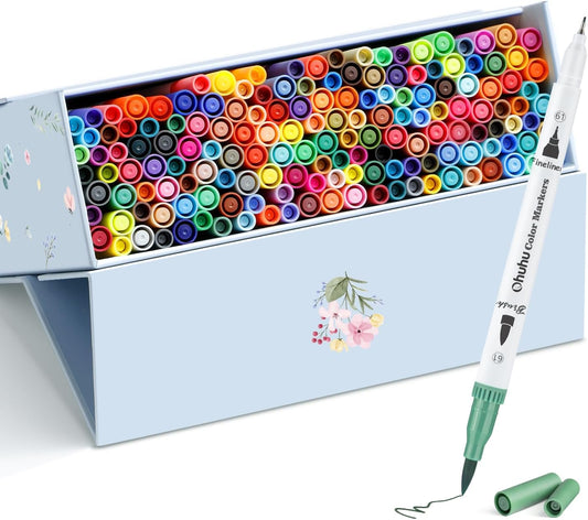 Ohuhu Markers for Adult Coloring Books No Bleeding 160 Colors Coloring Markers Water-based Dual Tips Fineliner & Brush Drawing Pens Art Pens for Kids Adults Sketch Journal - Maui - White