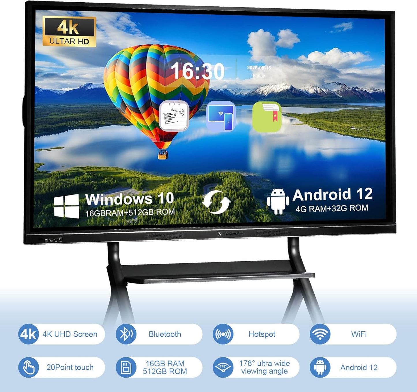 86″ Smart Board, 4K UHD Touchscreen Interactive Whiteboard with Dual System, 16+512GB Digital Whiteboard Display for Classroom, Home and Business Office, Google EDLA Certified (Wall Mount Included)