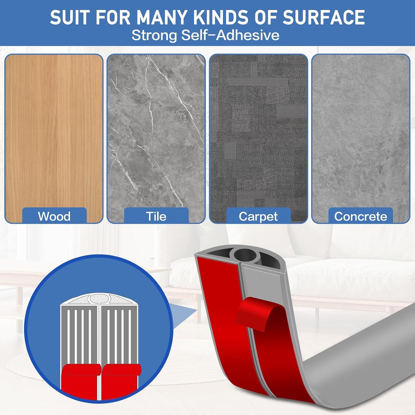 Floor Cord Cover Self Adhesive Cord Hider Floor Extension Cord Covers for Floor Power Cord Protector Cable Management Prevent Cable Trips Cable Cavity 0.32" W x 0.32" H (Grey, 3.3Ft)