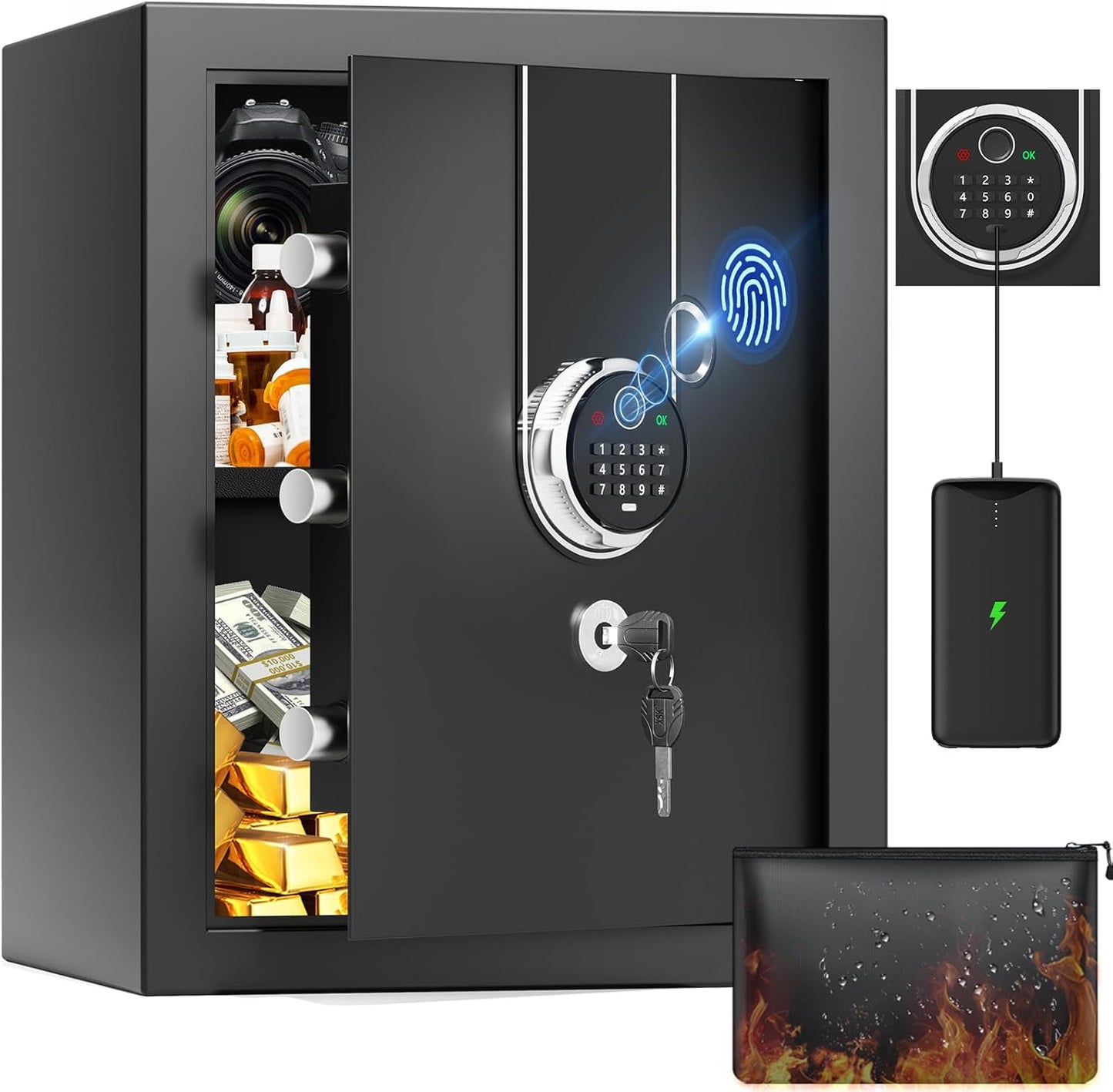 1.3 Cuft Fingerprint Safe Box, Biometric Home Safes with Fireproof Waterproof Bag, Combination Keypad, Anti-Theft Dual Alert, Mute Mode, Digital Security Money Safes For Cash Jewelry Office Document