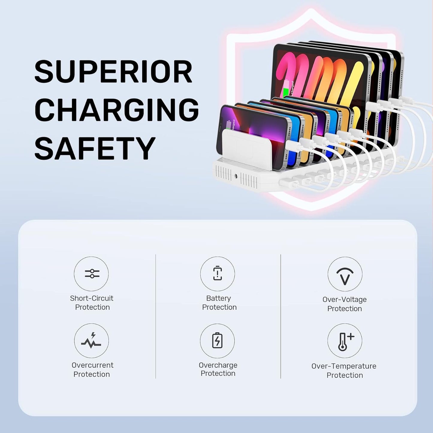 Alxum USB Fast Charging Station with Quick Charge 3.0, 60W 10 Port Charging Stand for Multiple Devices, Compatible with iPad, iPhone, Samsung Galaxy, White