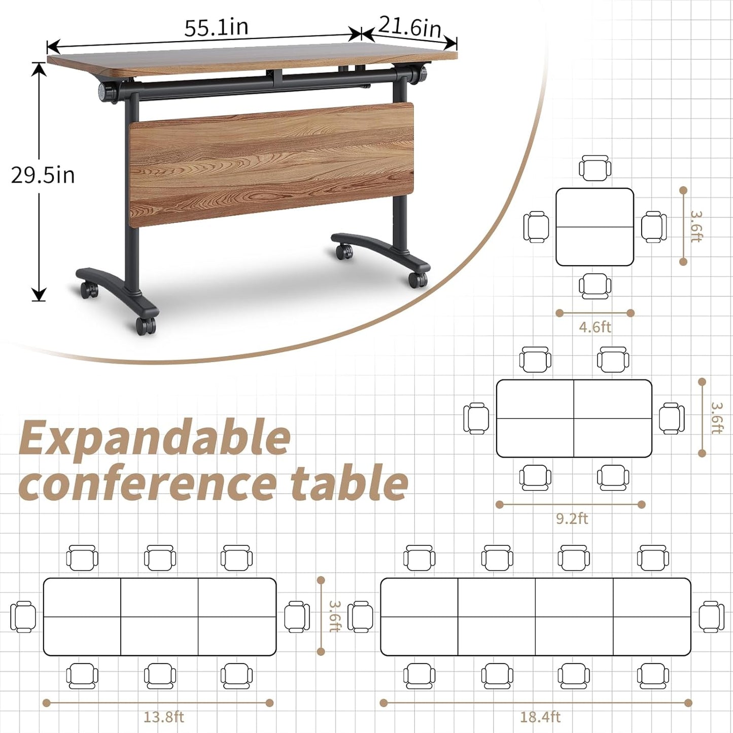 Folding Conference Table, Modern Conference Room Tables with Flip-Top Design, Foldable Conference Table Meeting Table with Wheels, Mobile Seminar Training Tables for Office Classroom (8, Walnut 2)