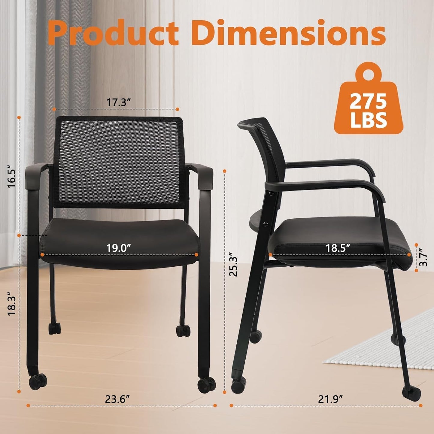 CLATINA Stacking Office Chair with Wheels, Mesh Back Waiting Room Guest Chairs with Arms Comfortable Leather Cushion Stackable Desk Chair for Conference Reception School Side Stationary, Black, 8 PK