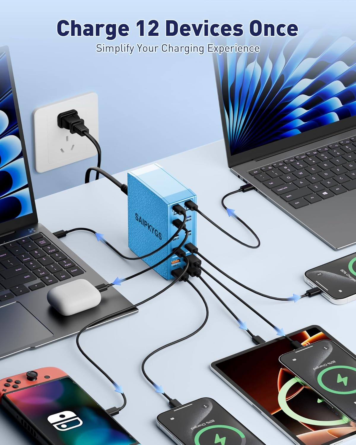 USB Charging Station (600W),12-Port USB C Charger Block with Dual 100W PD USB-C Fast Charging Station Hub for MacBook Pro/Air/All iPad Phone 17/16 15/14/13/Pro Max/Samsung Galaxy Note(Blue)