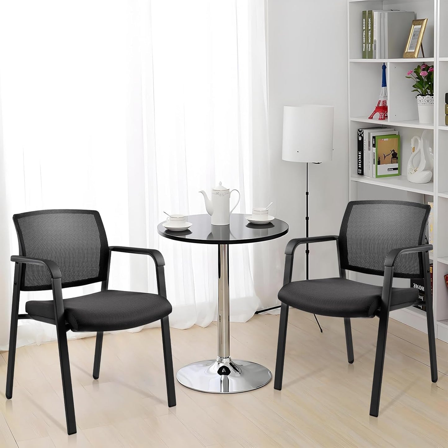 CLATINA Mesh Back Stacking Arm Chairs with Upholstered Fabric Seat and Ergonomic Lumber Support for Office School Church Guest Reception Black