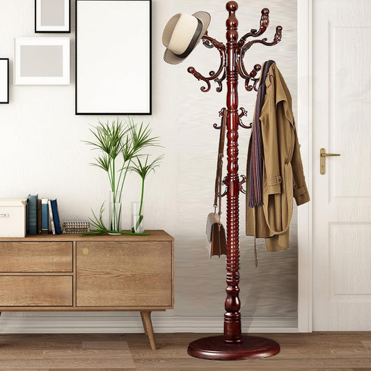 Coat Racks Free Standing with 14 Hooks, Natural Wood Coat Stands for Entryway, Adjustable Height 73 in Tree Coat Rack Stand for Hallway Home Office Bedroom (Mahogany)